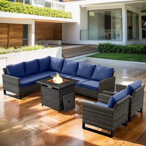Buenhomino 6 Pieces Outdoor Patio Furniture Set with Propane Gas Fire Pit Table, Outdoor Sectional Sofa PE Rattan Wicker Patio Conversation Sets - 1 of 4