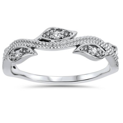 Pompeii3 1/10ct Vintage Floral Leaf Diamond Wedding Stackable Ring 14K White Gold