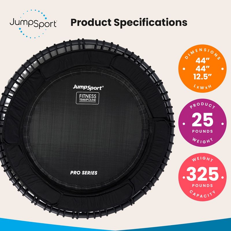 JumpSport 570 PRO Silent Indoor Heavy Duty Lightweight Large 44-Inch Diameter Fitness Trampoline with 7 Adjustable Tension Settings, Black, 3 of 7