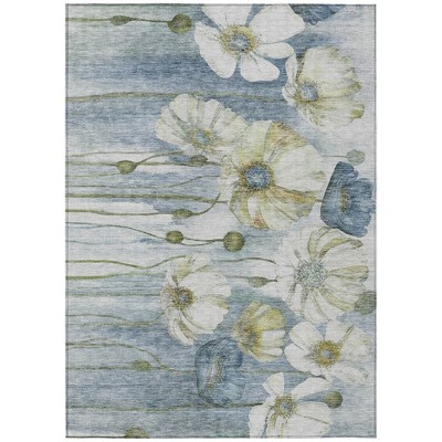 Denim Blue And Sky Blue Floral Washable Indoor Outdoor Area Rug