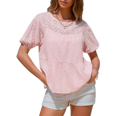 EXLURA Women's Summer Tops Dressy Casual Short Lantern Sleeve Shirts Crew Neck Hollow Out Lace Embroidered Blouses Shirts