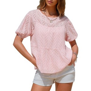 EXLURA Women's Summer Tops Dressy Casual Short Lantern Sleeve Shirts Crew Neck Hollow Out Lace Embroidered Blouses Shirts - 1 of 4