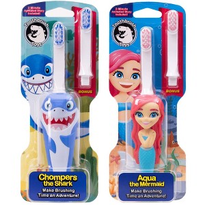 Toothbrush Toys Aqua the Mermaid & Chompers the Shark Multipack, Extra Soft Bristles with Easy Grip for Small Hands, Makes Brushing an Adventure - 1 of 4