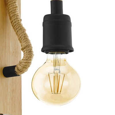 Natural Wood and Black Rope Wall Sconce with Open Bulb