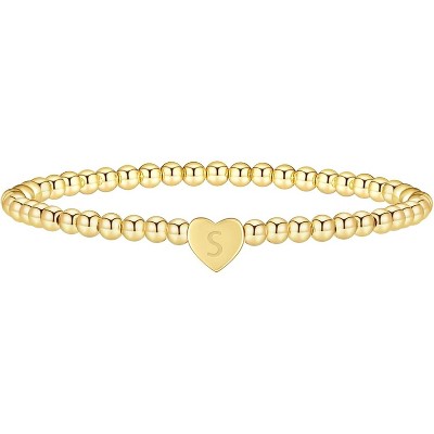 Gold Initial Beaded Bracelets for Women,14K Gold Plated Heart Letter Bracelets Handmade Ball Bead Bracelet