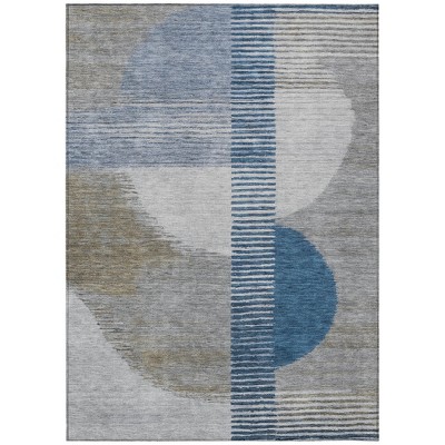 Denim Blue And Ivory Geometric Washable Indoor Outdoor Area Rug