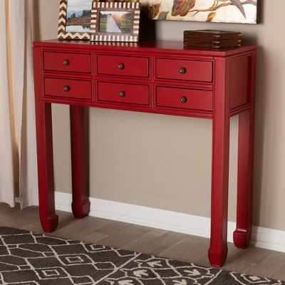 Antique Red Bayur Wood Console Table with Bronze Accents and Storage