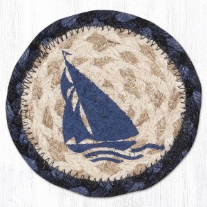 Earth Rugs Blue Boat Printed Coaster – 5"x5" Braided Jute, Coastal Nautical Table Accent in Ocean Tones - 1 of 3