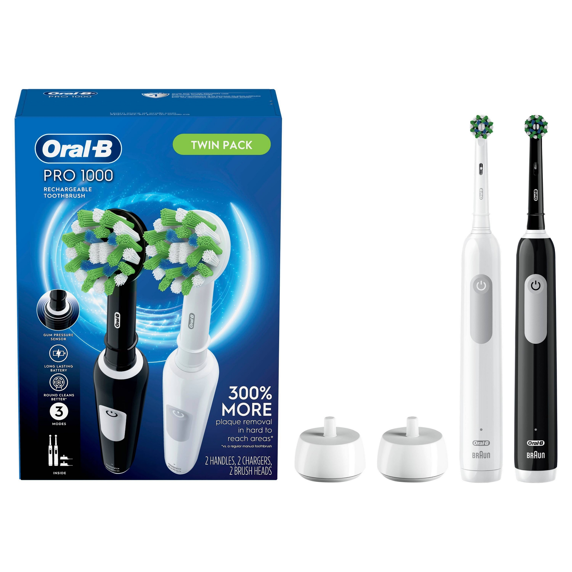 Oral-B Pro 1000 Electric Toothbrush - Black/White - 2pk: Soft Nylon Bristles, Includes Charger And 2 Heads