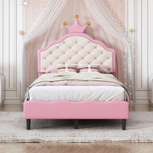 Twin Size PU Leather Princess Bed with Tufted Crown Headboard and Platform Frame for Girls Bedroom Setup-Cuddlewood - 1 of 4