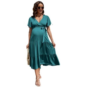 Whizmax Maternity Dress Women's V-Neck Puff Sleeve Pleated Maxi Dress for Baby Shower - 1 of 4