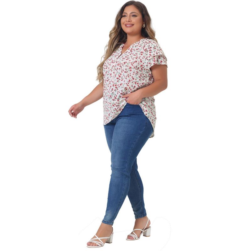 Agnes Orinda Women's Plus Size Floral Ruffle Trim V Neck Button Layered Sleeve Blouses, 4 of 8