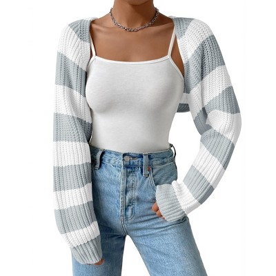 Women's Color Block Striped Bolero Shrug Sweater Long Sleeve Open Front Crop Cardigan Top Gray M