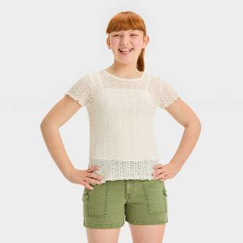 Girls' Short Sleeve Crewneck Lace Top - art class™