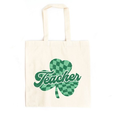 City Creek Prints Teacher Checkered Shamrock Canvas Tote Bag - 15x16 - Natural