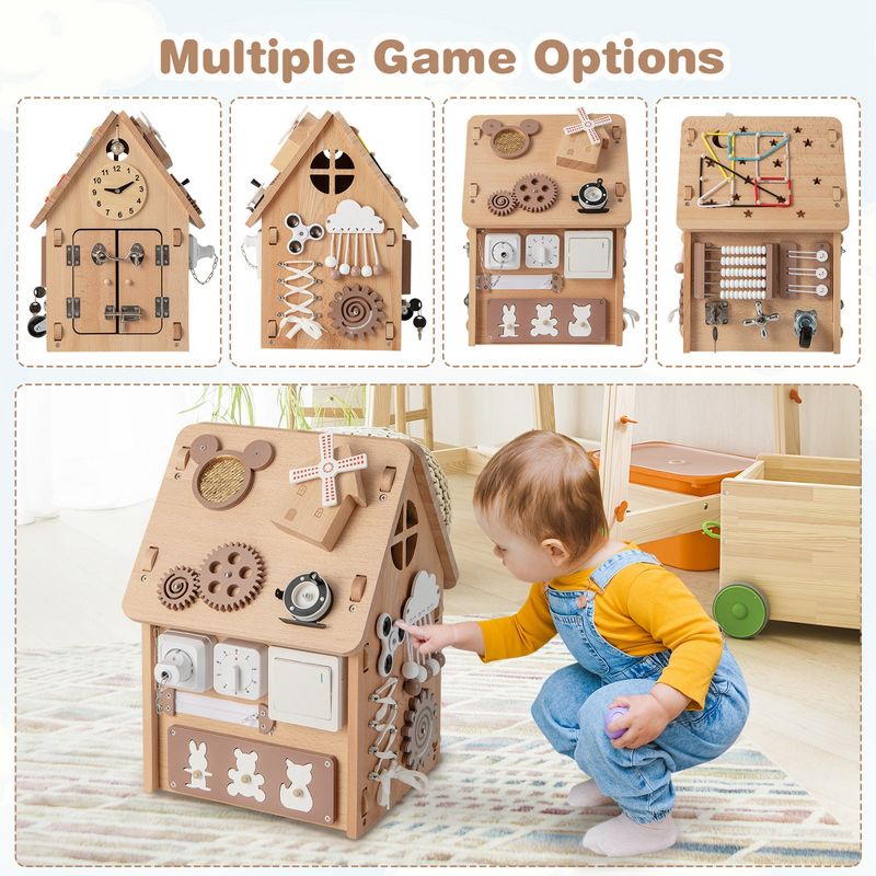 Costway Wooden Busy House Montessori Toy with Sensory Games & Interior Storage Space, 5 of 11