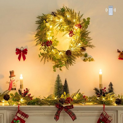 MOEPISY 2Pcs 6.2Ft Pre-Lit Gold Glitter Garland with Pine Cones Red Berry Eucalyptus