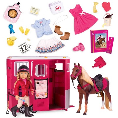 Our Generation 18" Posable Riding Doll Lily-Anna with Outfits, Horse, and Trailer Accessory