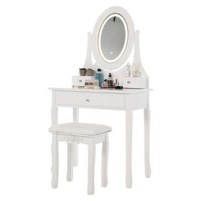 Vanity Desk with Mirror & Lights, Wood Makeup Dressing Table with Oval Mirror & Stool,Modern Bedroom Dressing Table with 5 Large Drawers