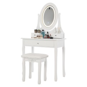 Vanity Desk with Mirror & Lights, Wood Makeup Dressing Table with Oval Mirror & Stool,Modern Bedroom Dressing Table with 5 Large Drawers - 1 of 4