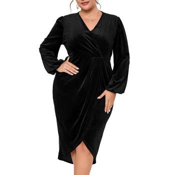 Women's Plus Size Velvet Dress V Neck Long Sleeve Bodycon Ruched Wrap Dress Casual Party Cocktail Dresses