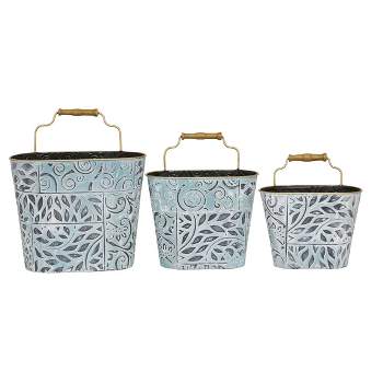 Set of 3 Textured Iron Planters with Wooden Handles, Blue/Antique Gold - Indoor/Outdoor, No-Drainage, Farmhouse Style - Olivia & May