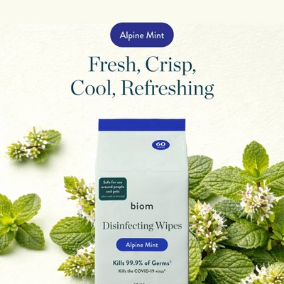 Biom Plastic Free Plant Based Disinfecting Wipes - Alpine Mint - 60ct