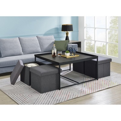35" MDF and Wood 5-Piece Coffee Table Set with Raised Edge Top and Storage Stools for Living Room or Family Spaces