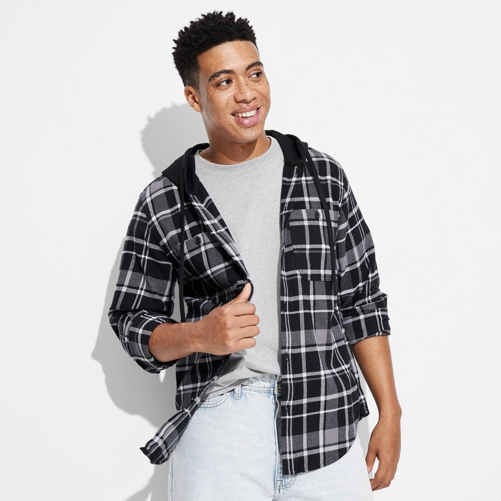 Men Checked Hooded Long Sleeve Button-Down Shirt