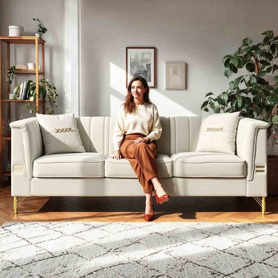 Modern Velvet Sofa with 2 Pillows and Gold Metal Legs, Luxurious 3-Seater Cloud Sofa for Living Room, Office, or Apartment – The Pop Home