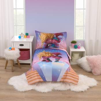 DreamWorks Trolls Glam Together Purple, Pink, and Blue, Poppy and Viva 4 Piece Toddler Bed Set