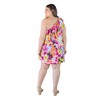 24seven Comfort Apparel Plus Size Pink and Yellow Floral Print One ShoulderRuffle Mini Dress - 3 of 4