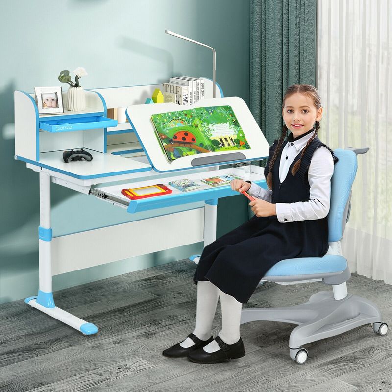 Costway Adjustable Kids Study Desk Drafting Table Chair Set w/ Bookshelf, 2 of 11