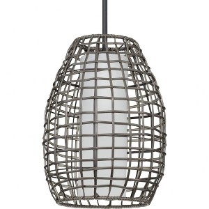 Progress Lighting Pawley 1-Light Dark Gray Rattan Coastal Outdoor Hanging Pendant Light, Matte Black, Etched Glass Shade - 1 of 2