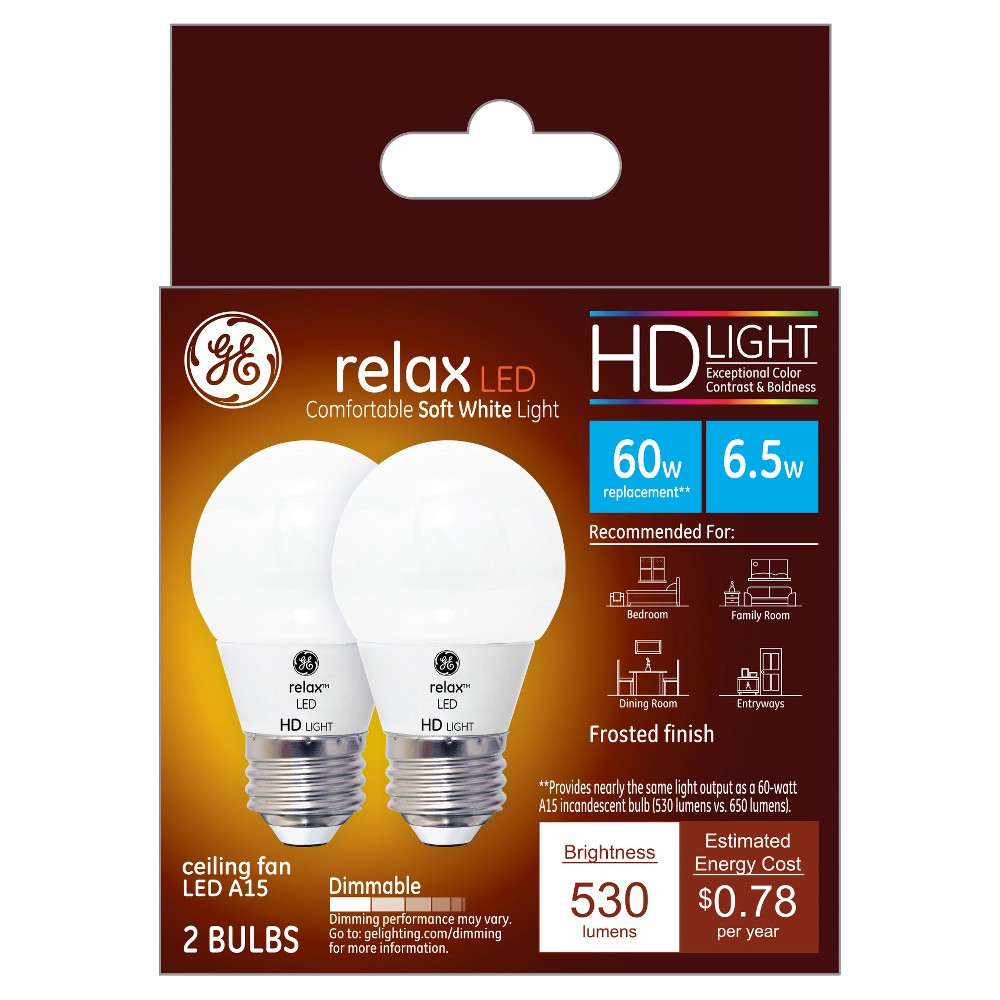 GE Relax LED Light Bulbs  Soft White  60 Watt Eqv  A15 Ceiling Fan Bulbs  2pk