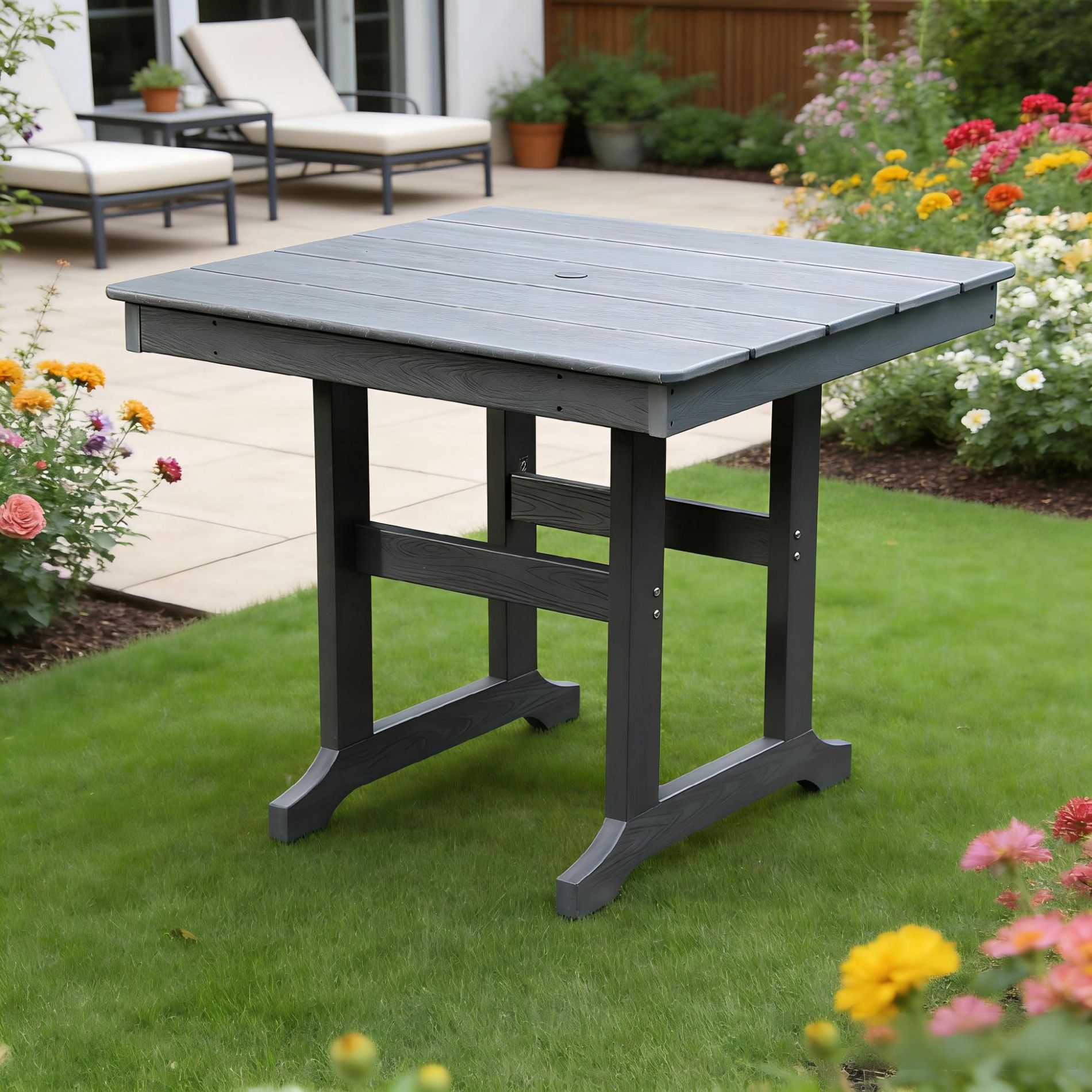 GDFStudio Evermont Outdoor All-Weather HDPE Dining Table with Umbrella Hole, Gray