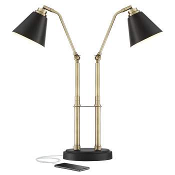 Possini Euro Design Sentry Modern Mid Century Desk Lamp 23" High Black Brass with USB Charging Port LED Adjustable Cone Shade for Bedroom Living Room