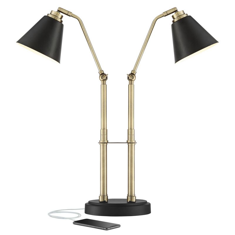 Possini Euro Design Sentry Modern Mid Century Desk Lamp 23" High Black Brass with USB Charging Port LED Adjustable Cone Shade for Bedroom Living Room, 1 of 10
