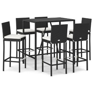 vidaXL Patio Bar Set Outdoor Table and Chair Set with Cushions Poly Rattan - 43.3" Table Length Black 6 Piece - 1 of 4