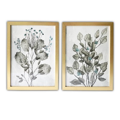 (Set of 2) 16" x 20" Leaves Framed Wall Canvas Silver - Gallery 57