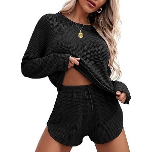 Ekouaer Womens Waffle Knit Pajama Sets Long Sleeve Top and Shorts Matching Lounge Set Loungewear Sweatsuit with Pockets - 1 of 4