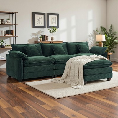 EHMKNP 3-Seat Corduroy Modular Sleeper Sectional Sofa - Comfy Upholstered with Ottoman for Living Room