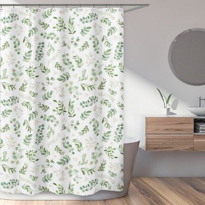 Botanical Green and White Floral Fabric Shower Curtain 72" x 72"