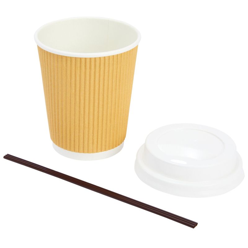 Juvale 50 Pack Disposable Small Coffee Cups 8 oz, Kraft Paper Insulated, Ripple, Coffee Cups To Go with Lids and Stirring Straws (150 Total Pcs), 5 of 10