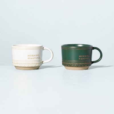 15oz Stoneware Morning Handsome & Morning Beautiful Decorative Trim Mug 2pk Set - Hearth & Hand™ with Magnolia