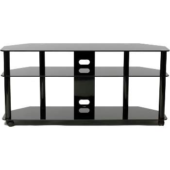 TransDeco 55Inch gloss black tempered glass TV stand with high gloss black finish metal poles