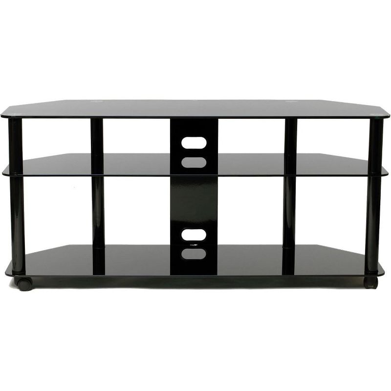TransDeco 55Inch gloss black tempered glass TV stand with high gloss black finish metal poles, 1 of 2