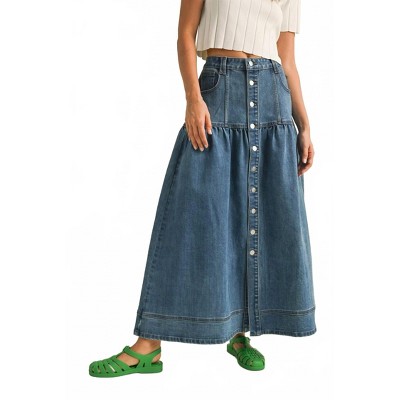Women's Button Front Bohemian Denim Maxi Skirt - MIOU MUSE