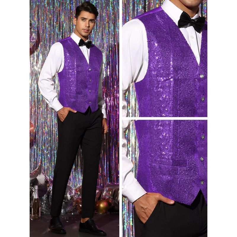 Lars Amadeus Men's V-Neck Sleeveless Disco Sparkly Sequin Suit Vest, 5 of 6