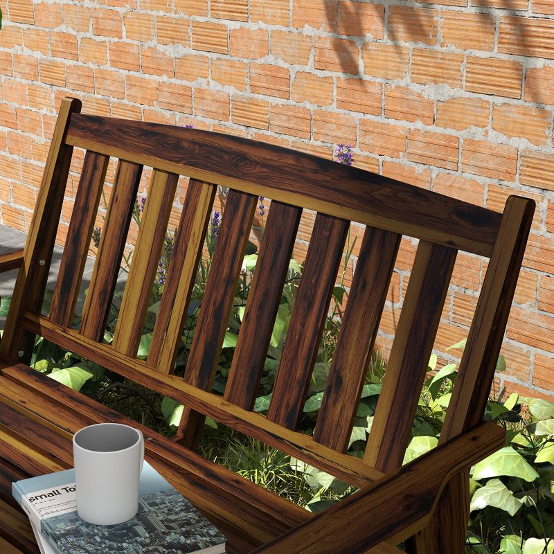 Outsunny Wood Outdoor Bench, 2-Person Garden Bench with Cupholder Armrests, Slatted Seat and Backrest, Park Bench for Patio, Porch, Lawn, Carbonized, 5 of 7